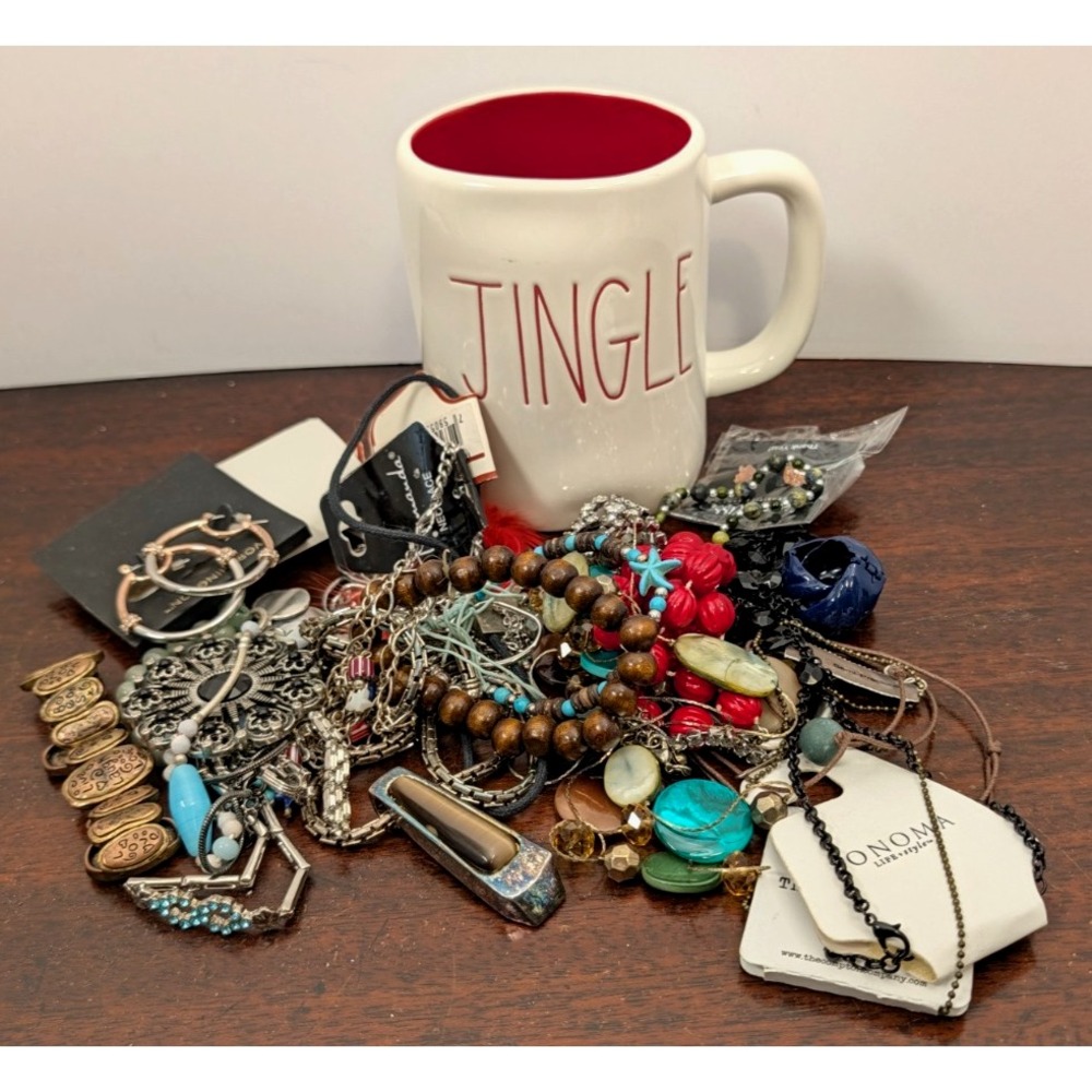 Mixed Costume Jewelry Lot + Rae Dunn JINGLE Christmas Mug Red Interior